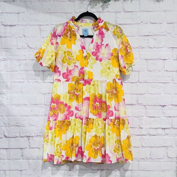 Cece V Neck Relaxed Short Sleeve Floral Print Tiered Babydoll Dress Size Small - Picture 2 of 11